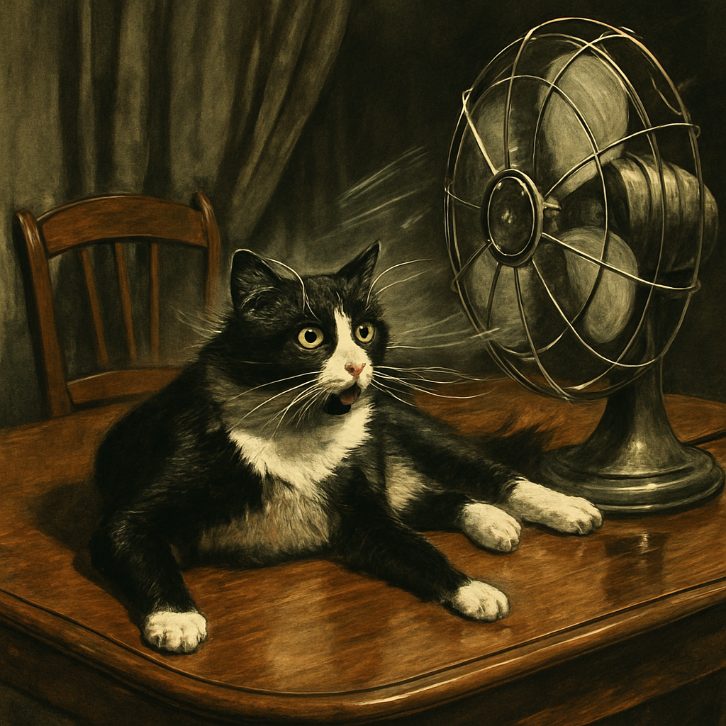 A black and white cat sprawls lazily on a polished wooden dining table, with a gentle breeze from an oscillating fan ruffling its fur.