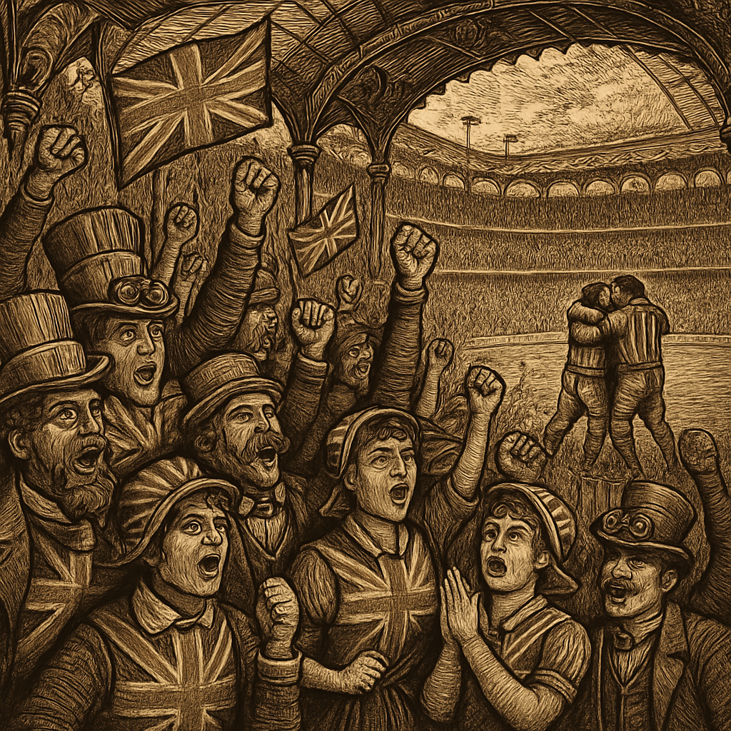 A jubilant crowd of fans in England flag-themed apparel celebrates wildly in a packed stadium as players embrace on the field after a triumphant quarter-final victory.