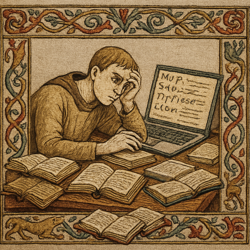A person sitting at a cluttered desk, surrounded by open notebooks and a laptop, with a furrowed brow while staring at a screen filled with codes and website URLs.