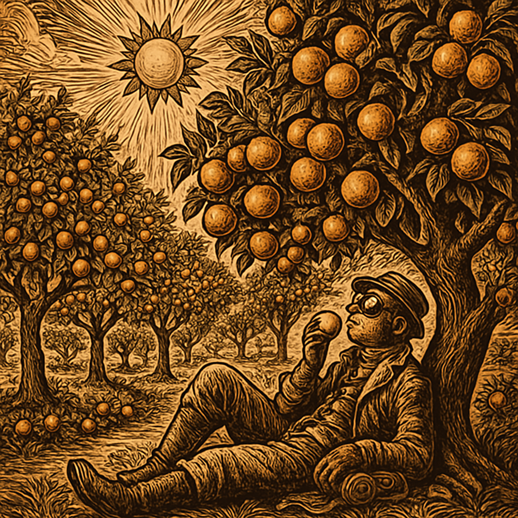 A sun-drenched orchard filled with ripe apricot trees, their branches heavy with bright orange fruit, while a figure lounges beneath the shade, savoring the sweet aroma.
