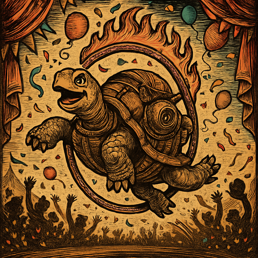 A cheerful tortoise joyfully leaping through a colorful hoop, surrounded by a playful atmosphere of celebration.