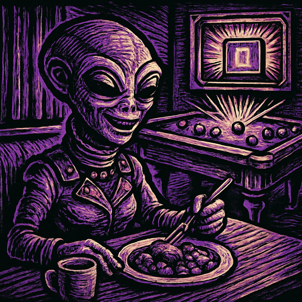 Elisabetta sits at a cozy diner table, savoring her dinner with a triumphant smile, while a colorful pool table with a glowing scoreboard showing her victory stands in the background.