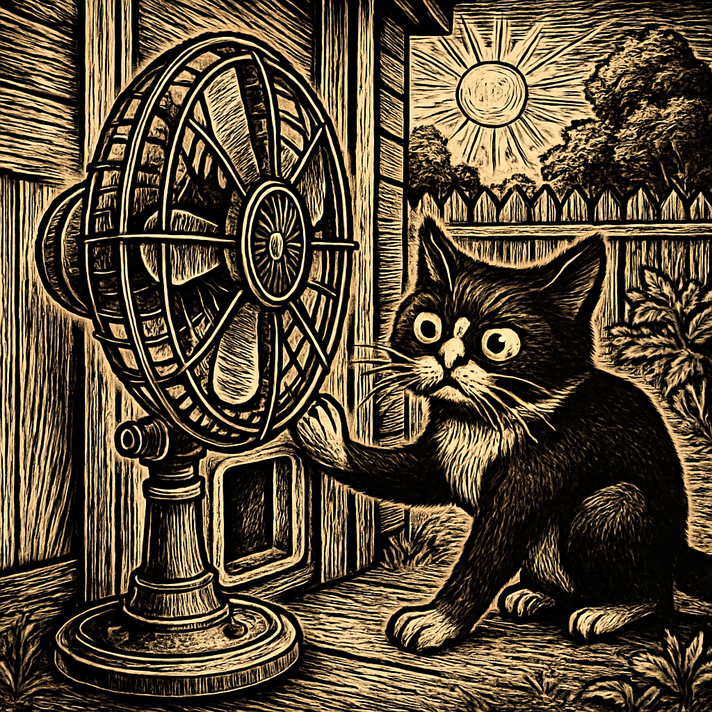 A black and white cat with wide eyes and a frustrated expression is pawing at a cat flap blocked by a standing fan, surrounded by a sunny backyard.