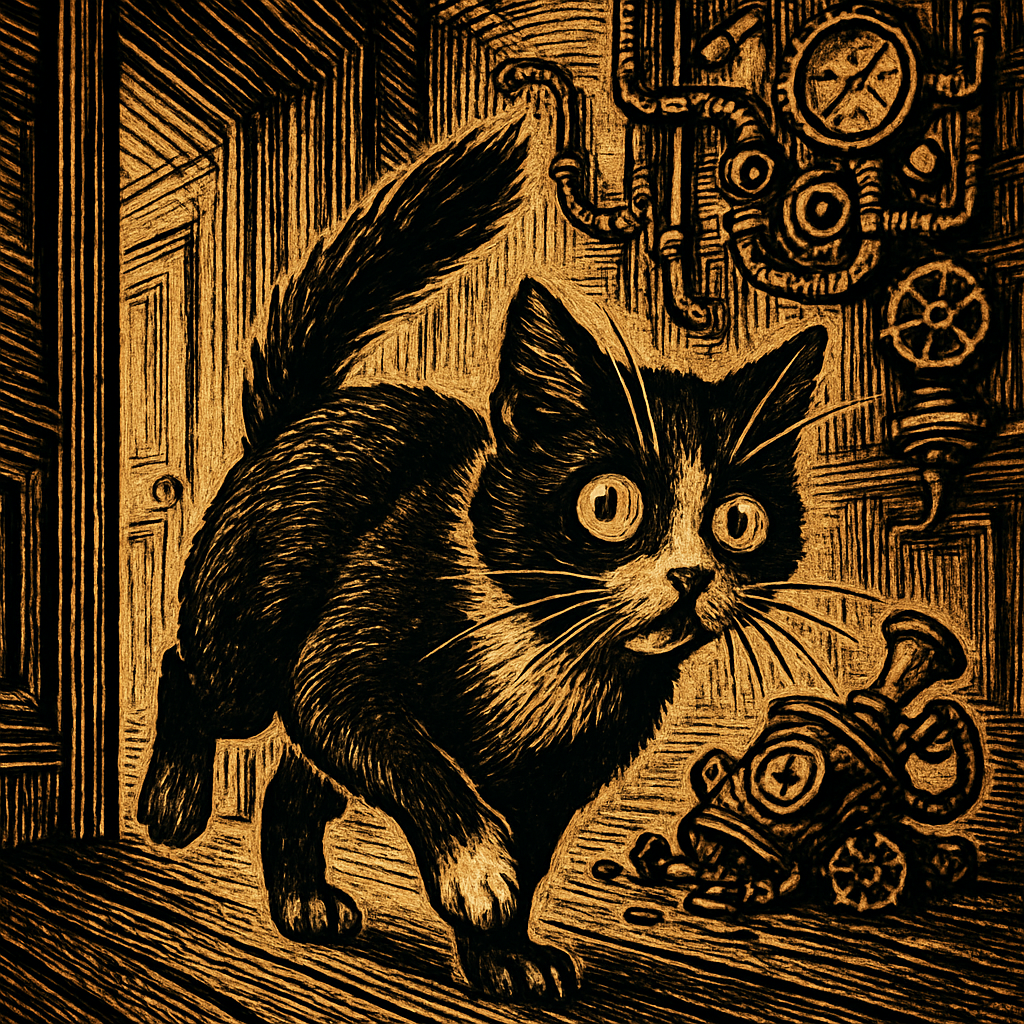 A mischievous black and white cat, Poppy, is caught mid-scamper in a brightly lit hallway, with a startled expression and a small pile of mischief behind her.