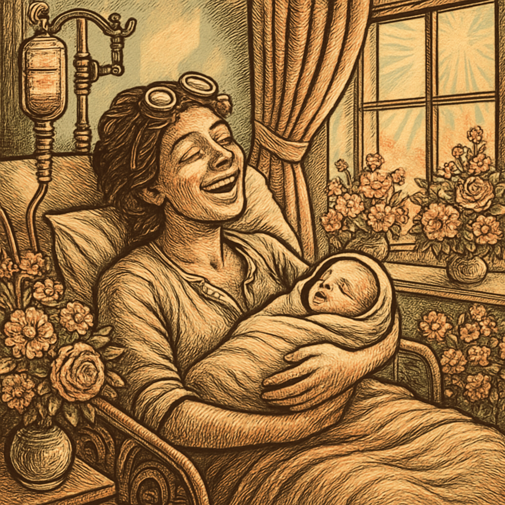 A joyful scene of Belinda, exhausted yet radiant, cradling her newborn baby boy in a sunlit hospital room filled with flowers and soft pastel colors.
