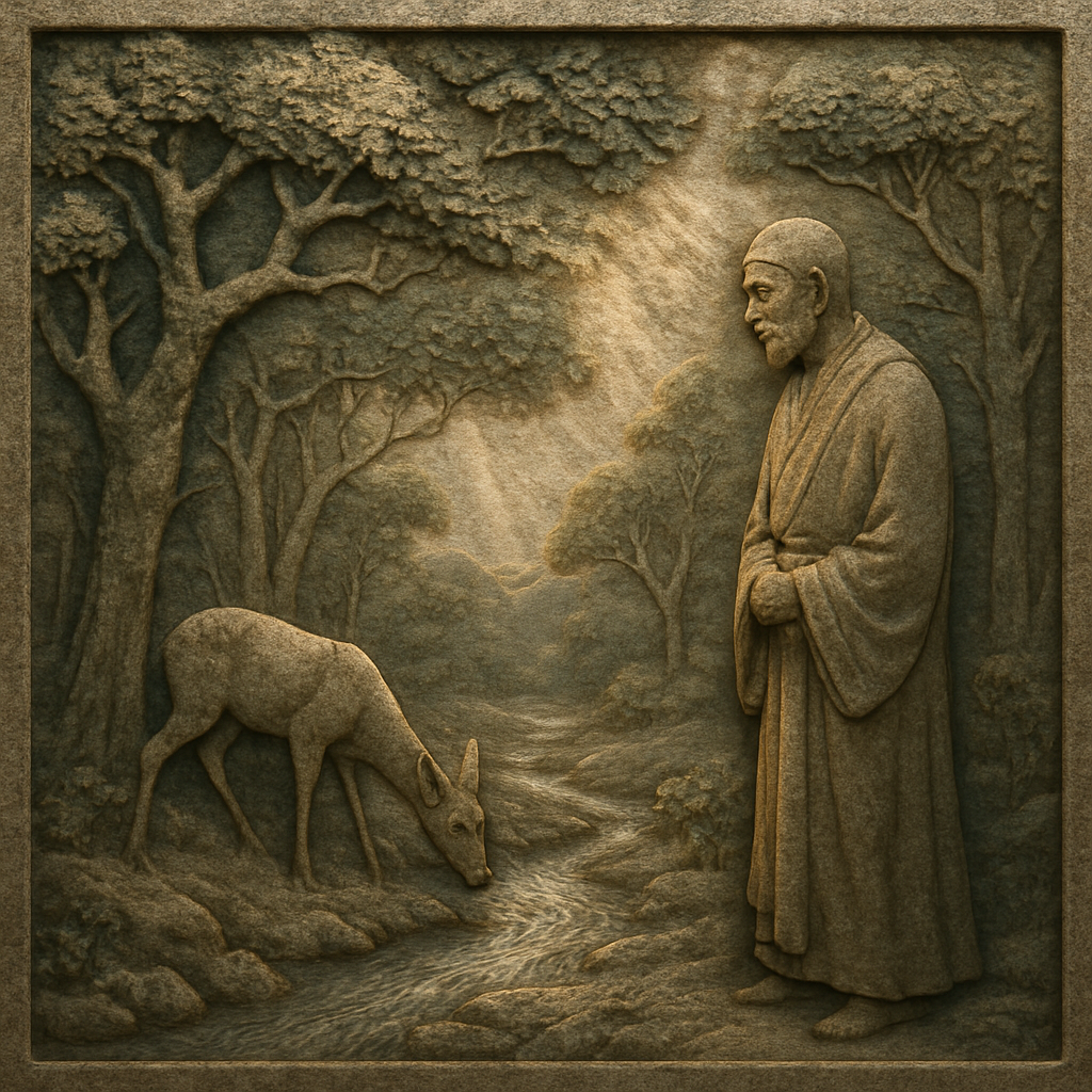 A serene glade bathed in dappled sunlight, with a small deer gently grazing beside a tranquil stream, as a figure in simple robes stands nearby, gazing contemplatively at the scene.