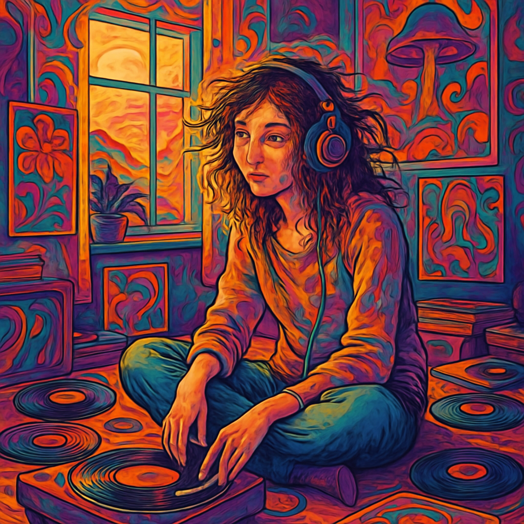 A young woman sits cross-legged on a cozy bedroom floor, surrounded by vinyl records and colorful posters, with headphones on and a wistful expression, while the sun filters through a window, casting soft light on her tangled hair.