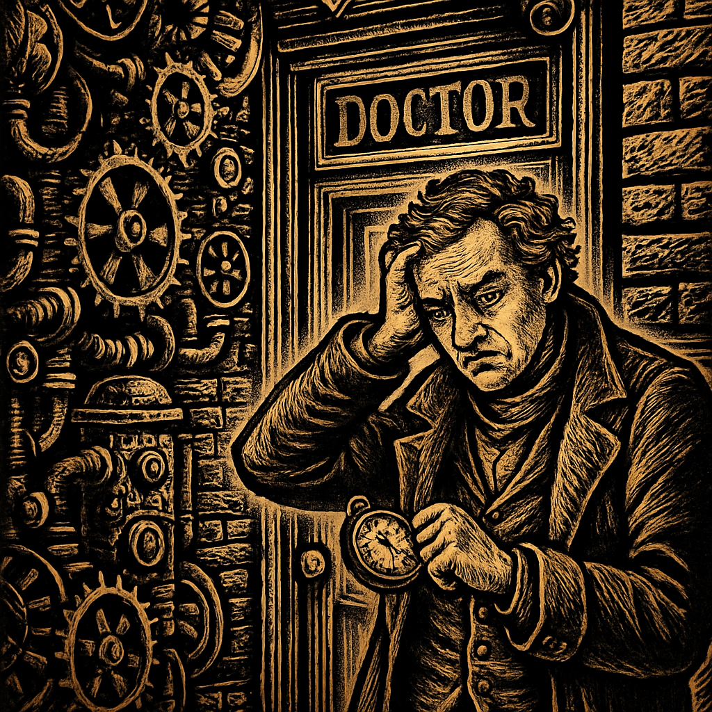 A frustrated person stands outside a closed doctor's office, glancing at their watch with an expression of disappointment.