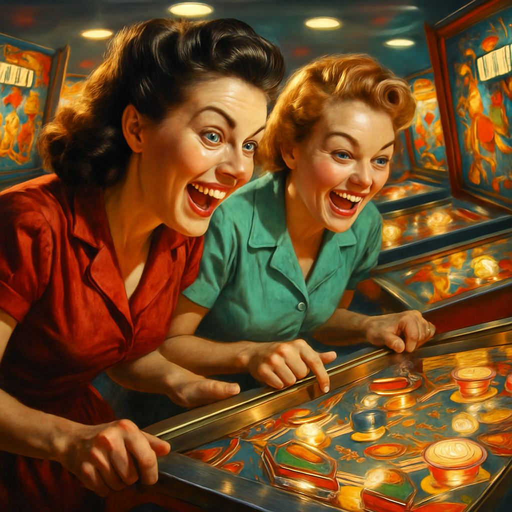 A brightly lit arcade filled with colorful pinball machines, where two friends eagerly press buttons, their faces lit with excitement as the metal ball zips around.