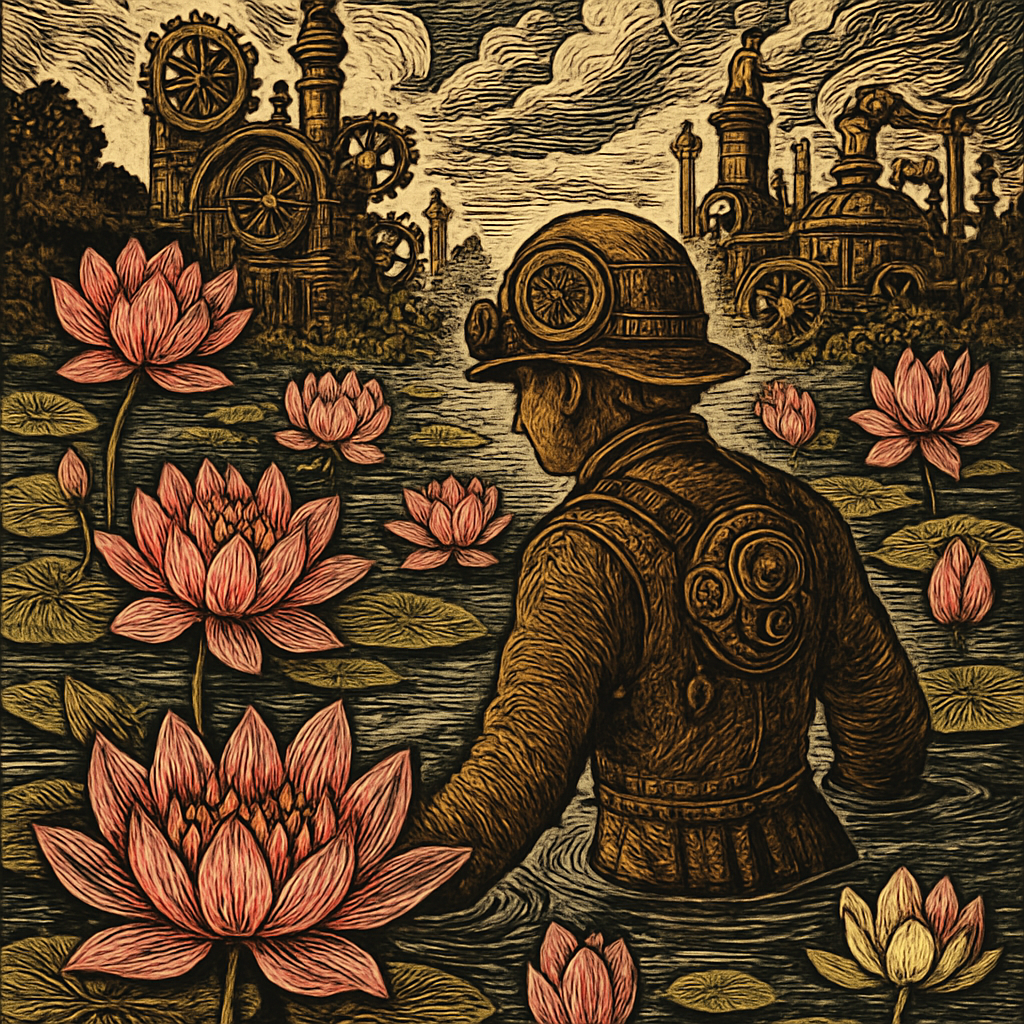 A tranquil pond filled with vibrant pink and white lotus flowers, with a person gently wading through the water, basking in the serene beauty.