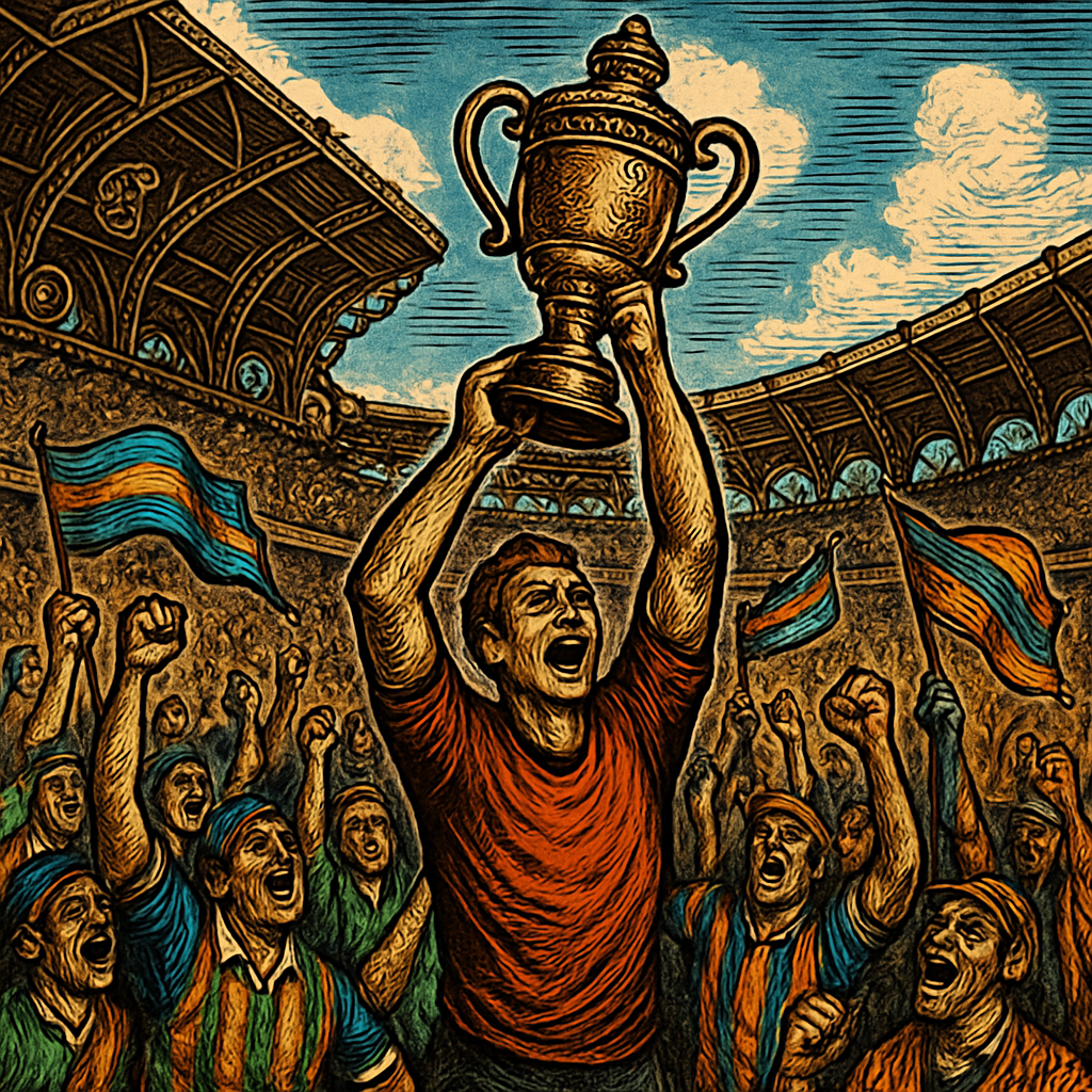 A jubilant crowd of fans in colorful jerseys and flags, celebrating in a stadium packed with excitement as a player raises a trophy high under a clear blue sky.