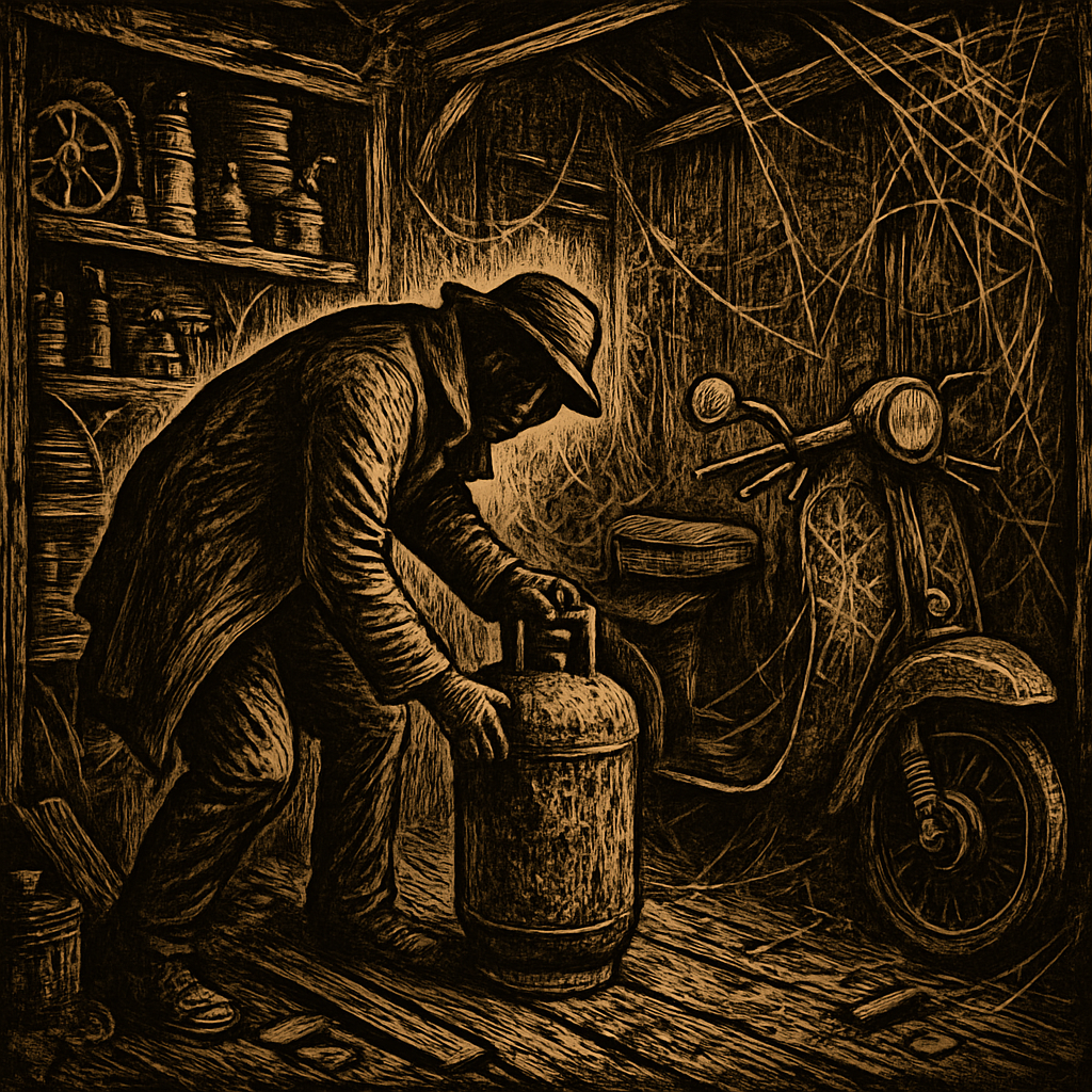 A person rummaging through a cluttered shed, discovering a rusted gas cylinder while an old scooter leans against a wall amidst cobwebs and dust.