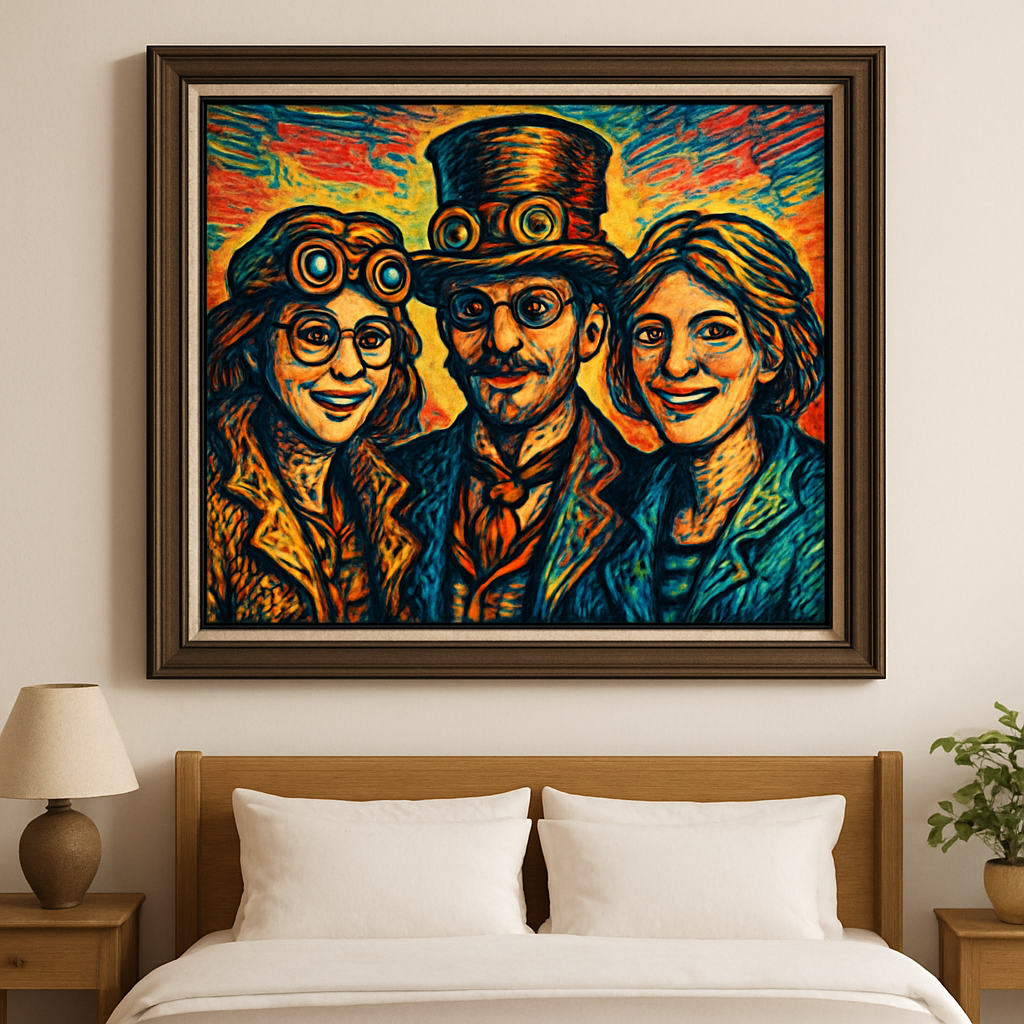 A colorful, stylized portrait of three friends in front of a bright wall, framed elegantly in a cozy bedroom.