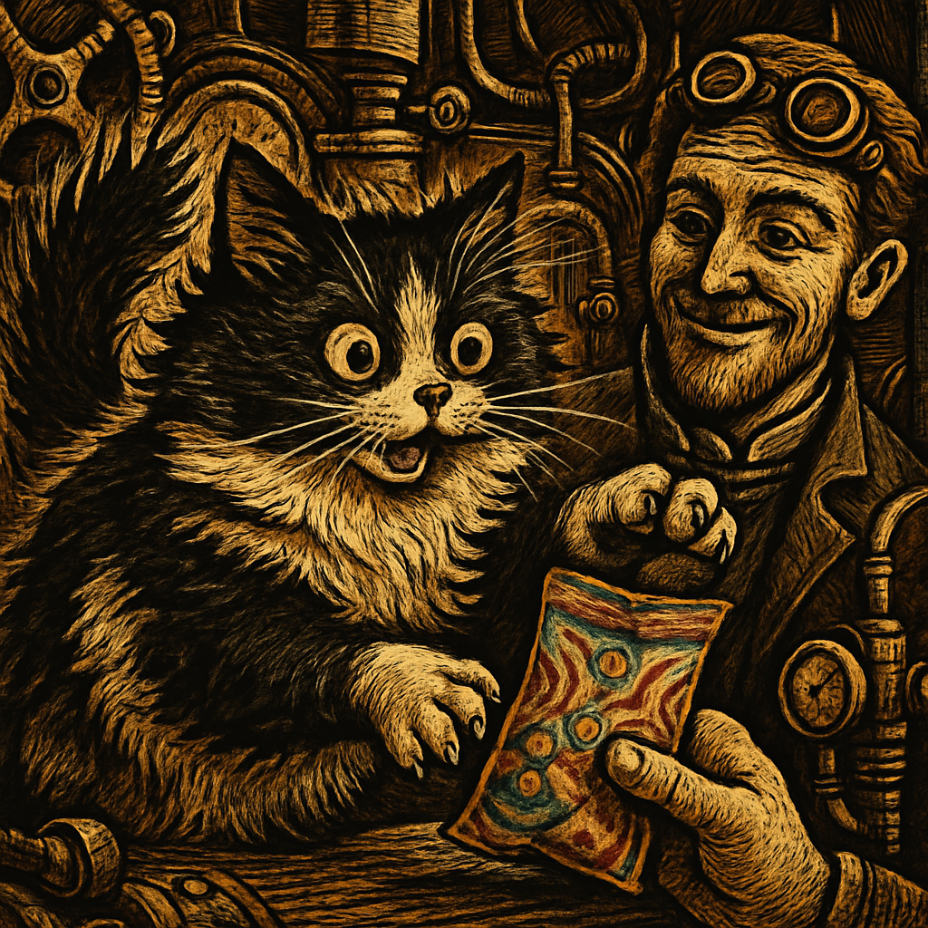 A fluffy black and white cat, wide-eyed and twitchy with excitement, is eagerly pawing at a colorful treat bag while a human looks on amused.