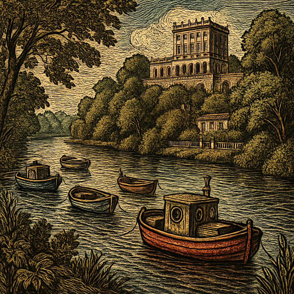 A serene riverside scene showcasing a gentle stretch of the Thames, dotted with colorful little boats bobbing on the water, framed by lush greenery and the elegant architecture of Cliveden in the background.