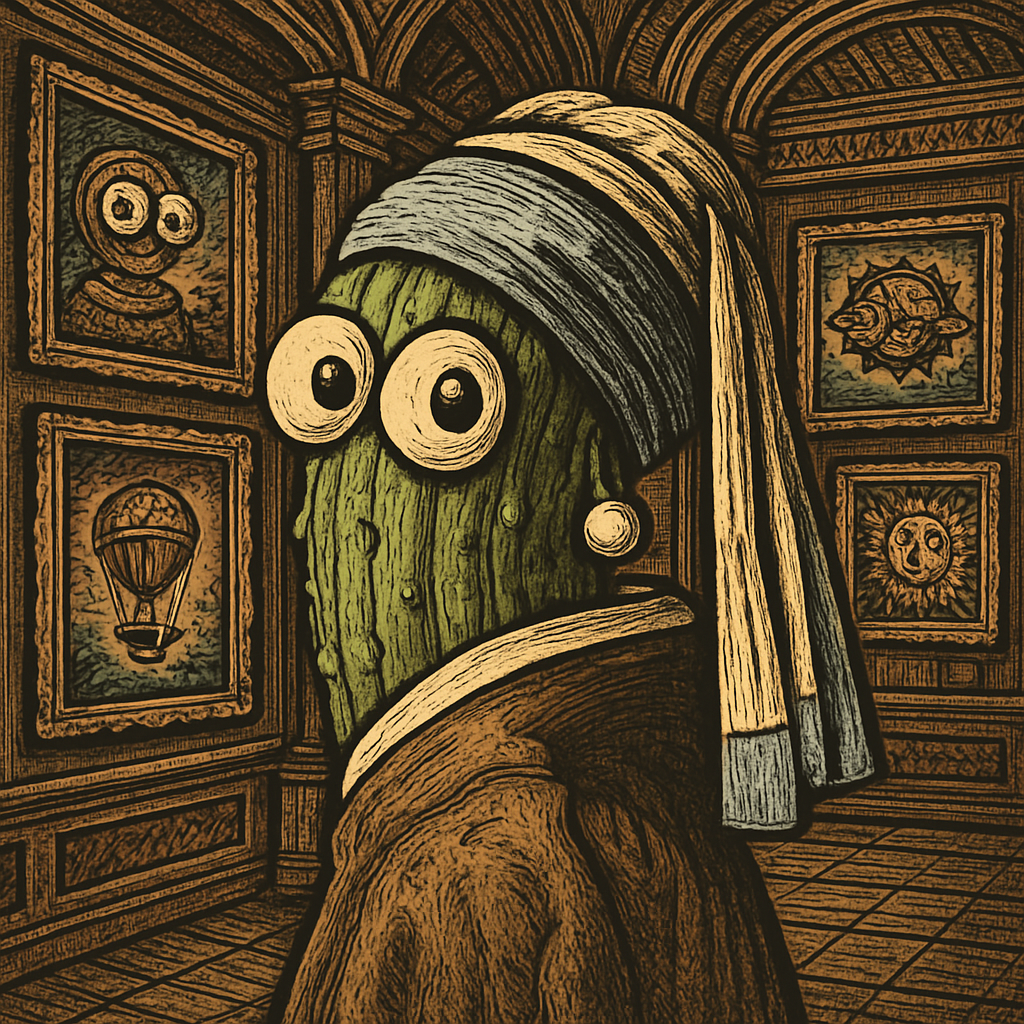 A whimsical gherkin wearing a pearl earring stands elegantly in a grand gallery adorned with colorful art pieces.