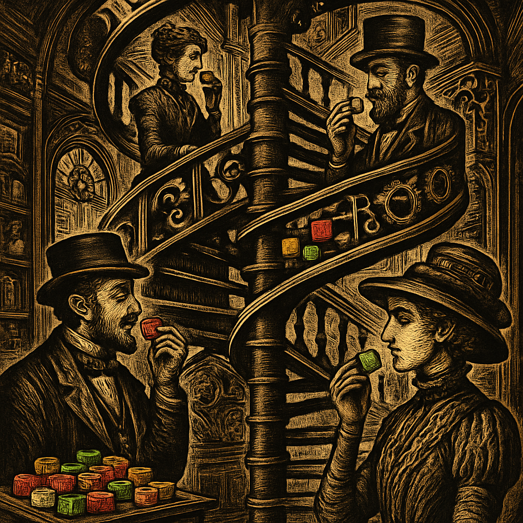 A whimsical double helix staircase inside an ornate shop, with elegantly dressed individuals savoring colorful pieces of Turkish delight as they ascend and descend.