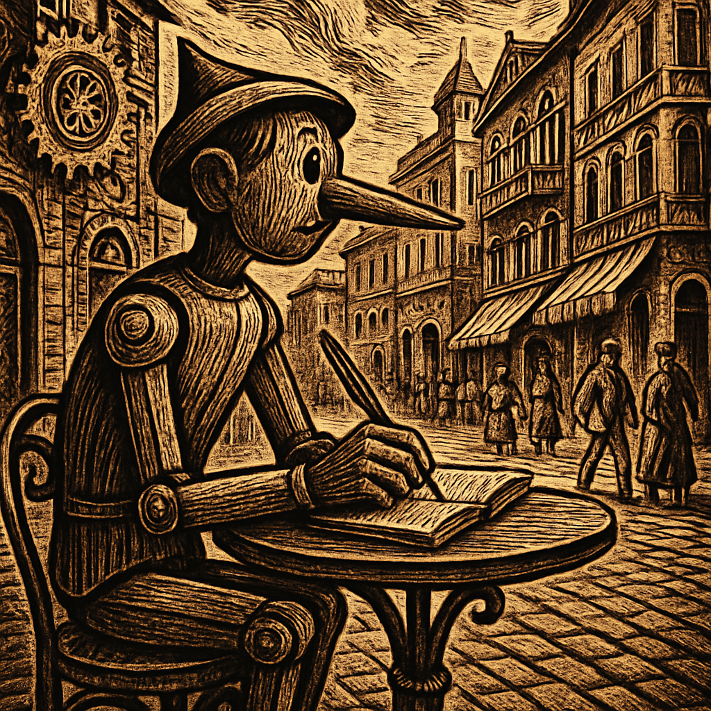 Pino sits at a quaint outdoor café table, pen in hand, as he gazes thoughtfully at a bustling street lined with vibrant buildings and people, capturing the essence of Italian life in his notepad.