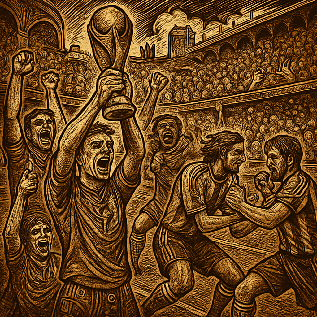A dramatic scene unfolds on a vibrant soccer field as Spanish players celebrate jubilantly, hoisting the trophy in the foreground, while a tense scuffle breaks out among a few Argentina players, with fans in the background erupting in cheers and expressions of disbelief.