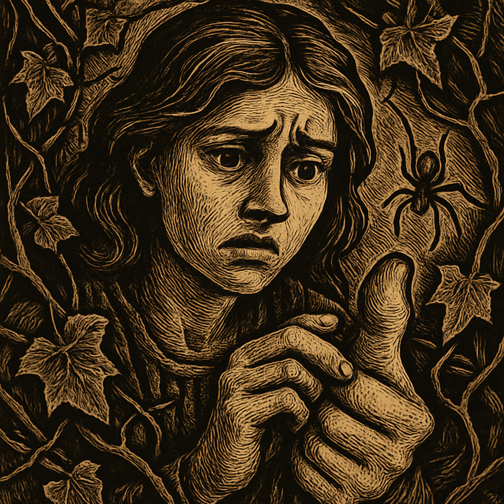 A close-up of a worried girl holding her swollen thumb, surrounded by tangled ivy vines and a small, curious spider perched nearby.