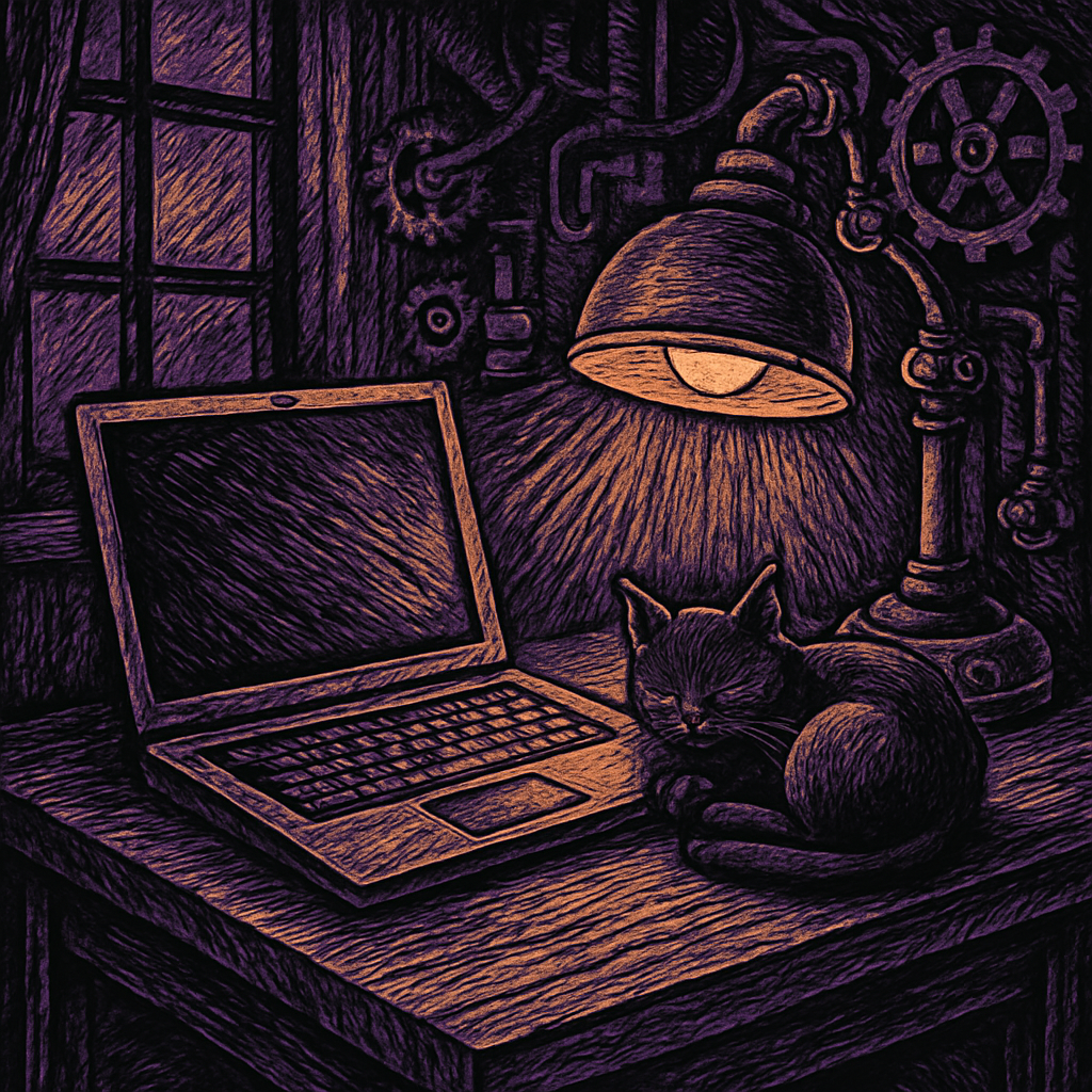 A cozy workspace with a laptop on a wooden desk, accompanied by a small black cat curled up peacefully beside the keyboard, illuminated by warm desk lamp light.