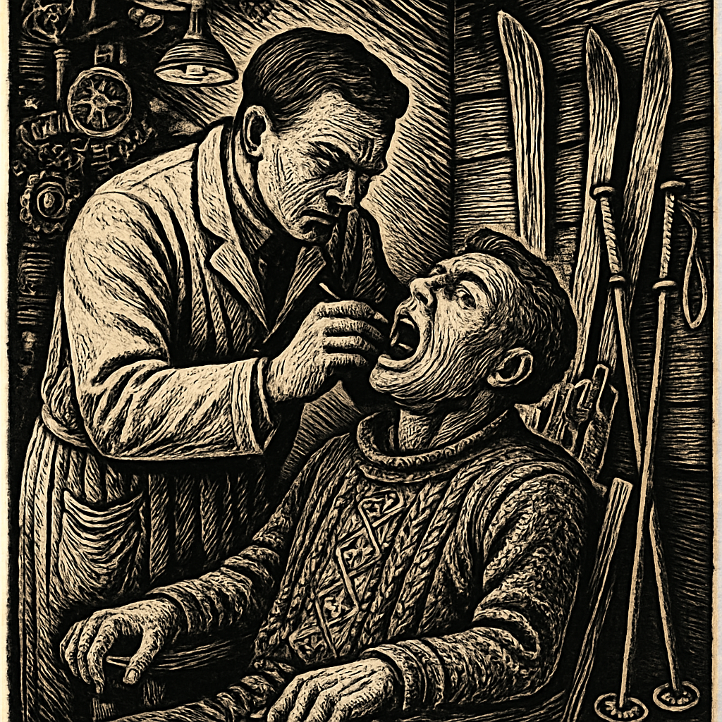 A dentist in a white coat examining a patient's teeth while surrounded by ski equipment like poles and a pair of skis leaning against a wall.