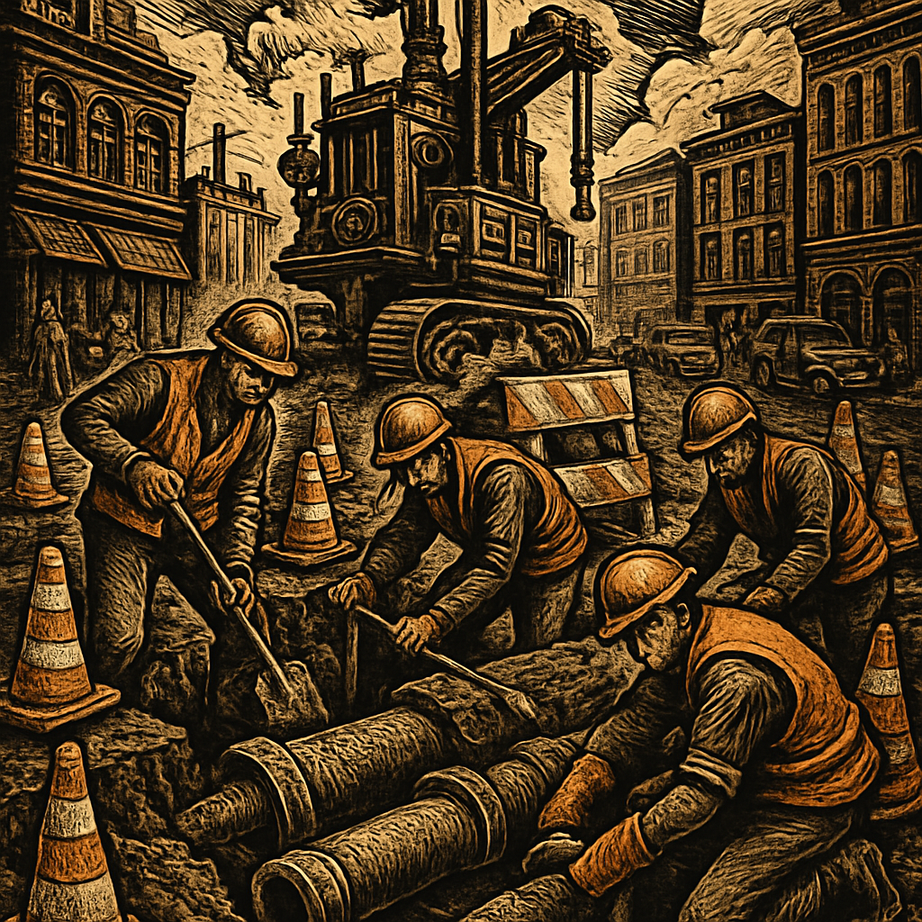 A construction site with workers in hard hats and orange vests digging and replacing pipes, surrounded by orange traffic cones and "Road Closed" signs near a bustling urban street.