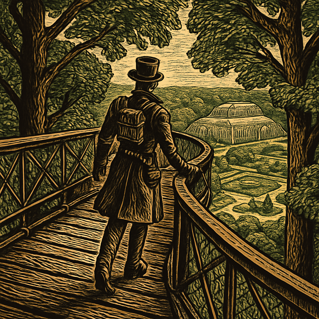 A person strolling along a treetop walkway suspended among lush green trees, with a view of Kew Gardens sprawling below them.