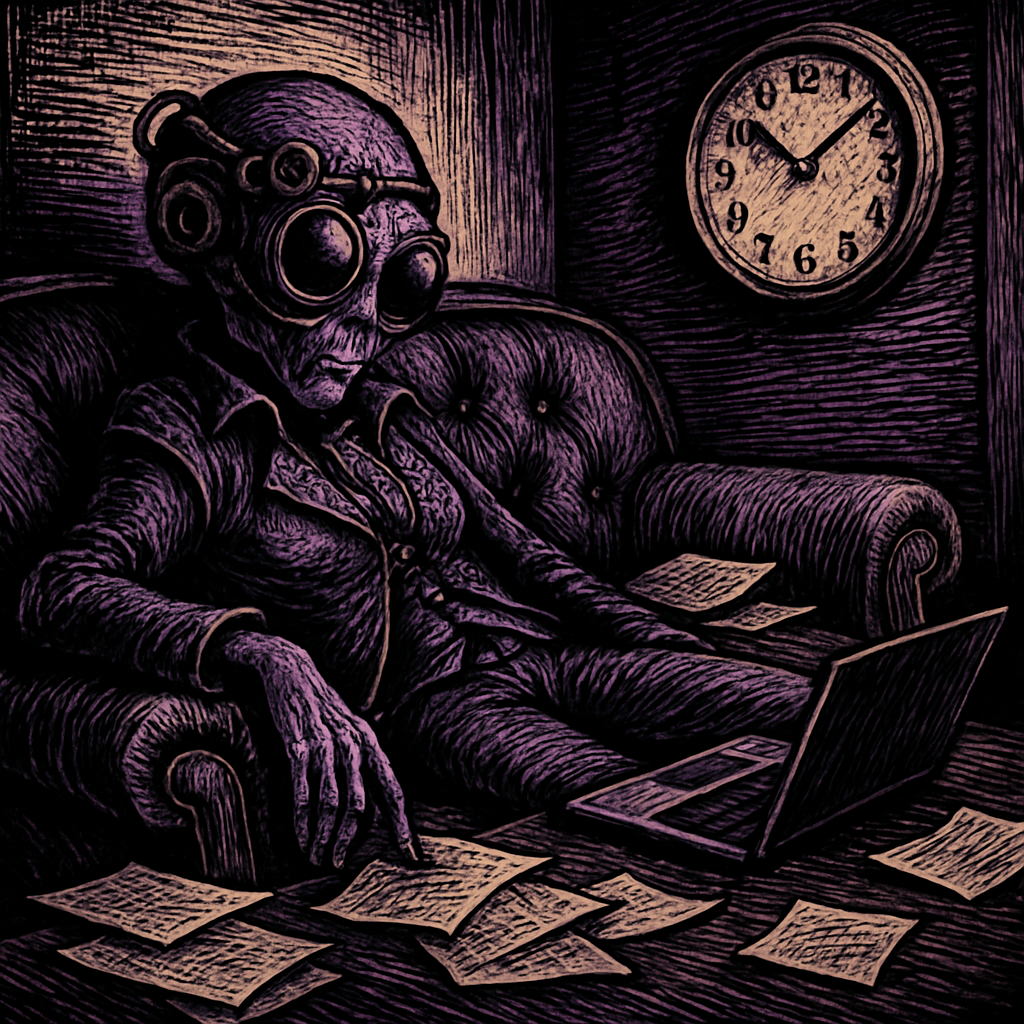 A figure slouched on a couch surrounded by scattered papers and an untouched laptop, while a clock on the wall ticks loudly in the background.