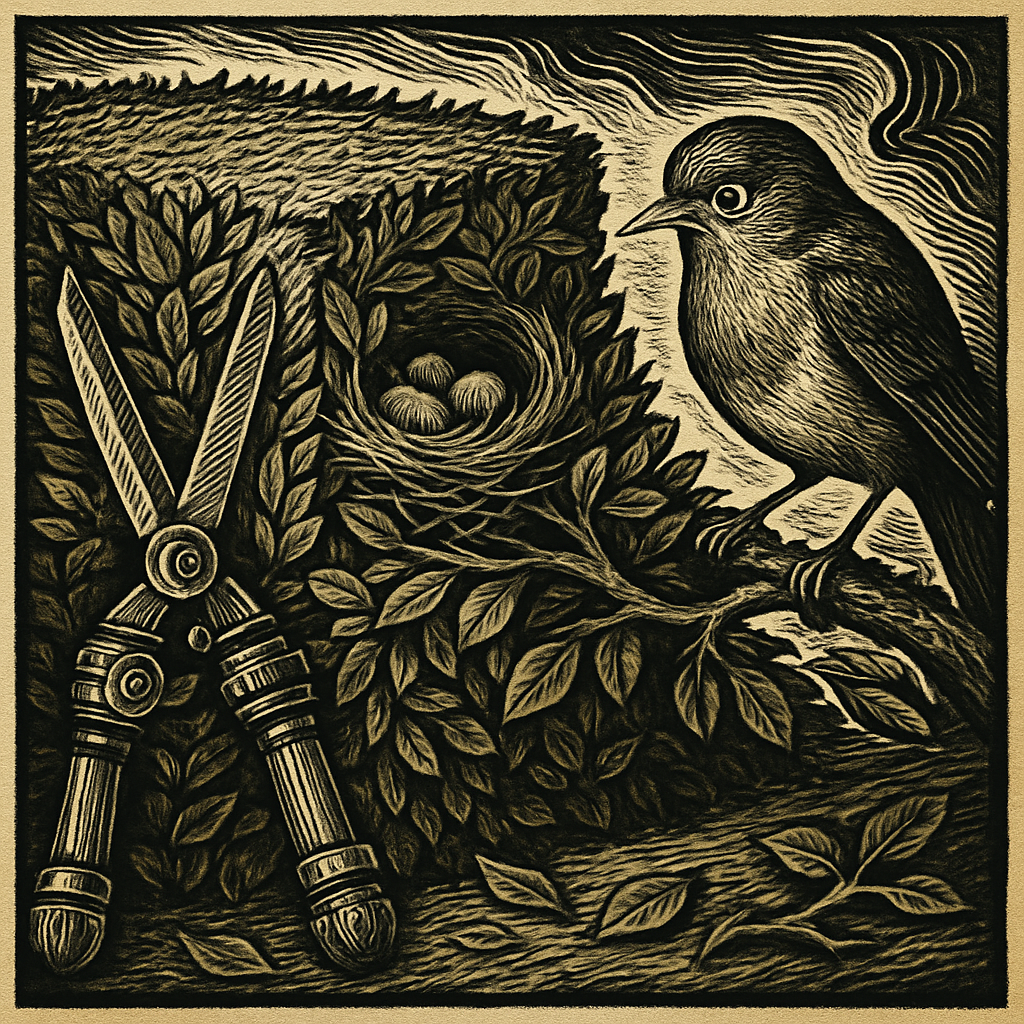 A freshly trimmed hedge with a concerned robin perched nearby, inspecting its nest hidden among the green foliage.