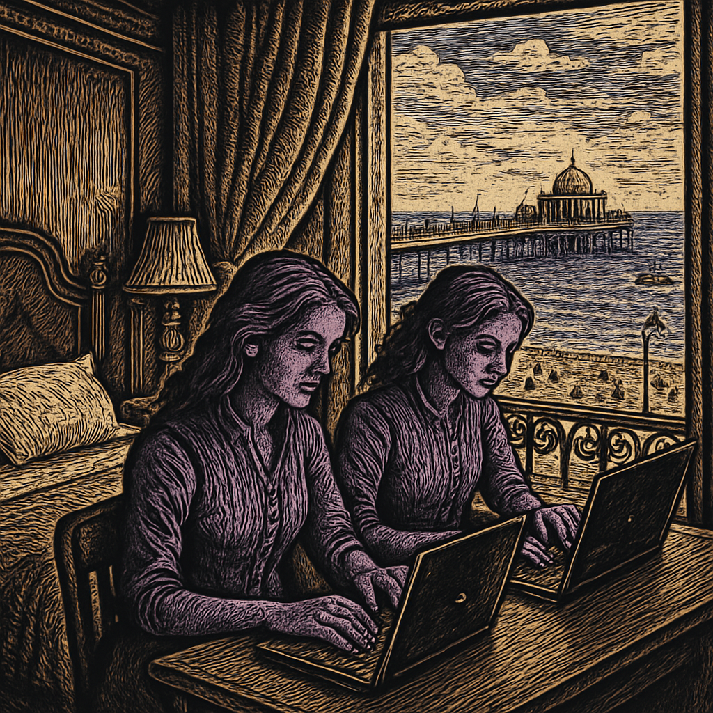 A cozy hotel room overlooking the Brighton seafront, with two friends working intently on laptops, the vibrant beach visible through large windows.