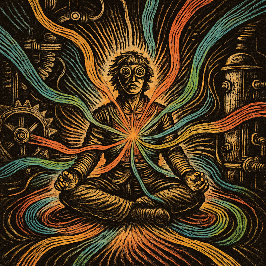 A person sitting cross-legged on a vibrant, glowing mat, surrounded by swirling beams of colorful light emanating from their body.