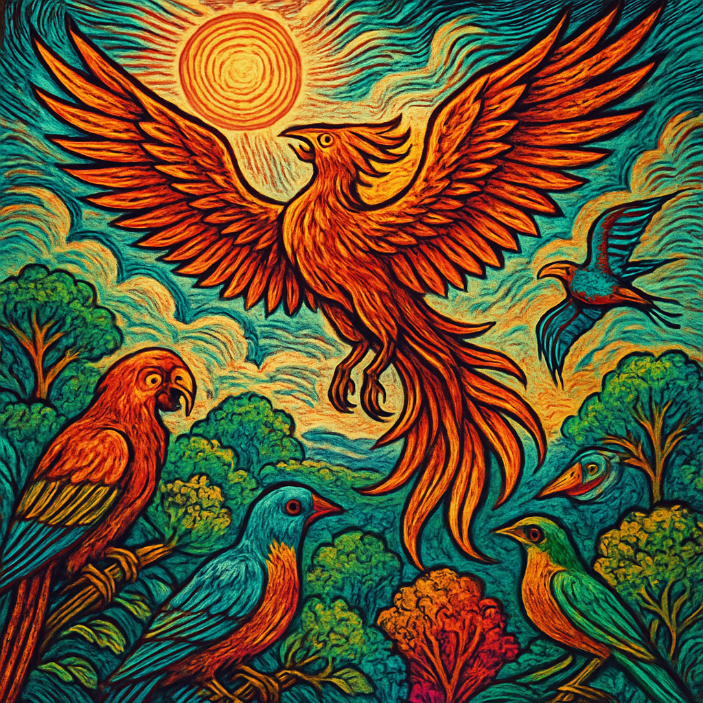 A vibrant phoenix with fiery wings soaring high above a colorful forest, surrounded by exotic birds in a sunlit, enchanting sky.