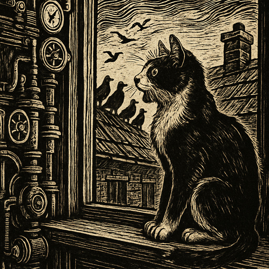 A black and white cat perched on a windowsill, gazing intently at a flock of silhouetted pigeons perched on a nearby rooftop, both making soft, yearning sounds.