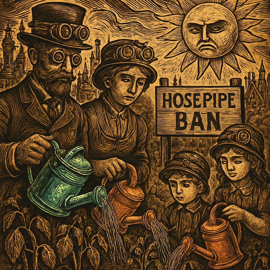 A family is gathered in a garden, each holding colorful watering cans, surrounded by wilting plants under a bright sun with a sign reading "Hosepipe Ban" prominently displayed.