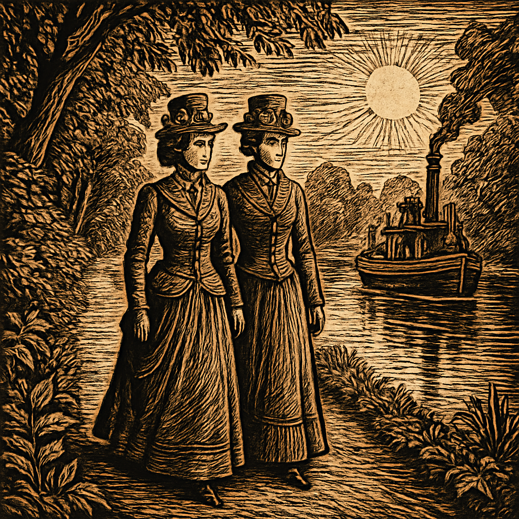 A serene towpath lined with lush greenery, featuring two women strolling side by side, with the tranquil river reflecting the afternoon sun in the background.