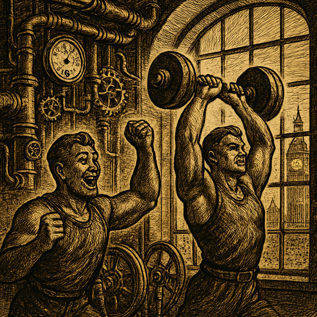 A vibrant scene of a sunny London gym with a large window showcasing a view of London's skyline while two friends, one lifting weights and the other cheering, enjoy their workout in the heat of a 29-degree day.