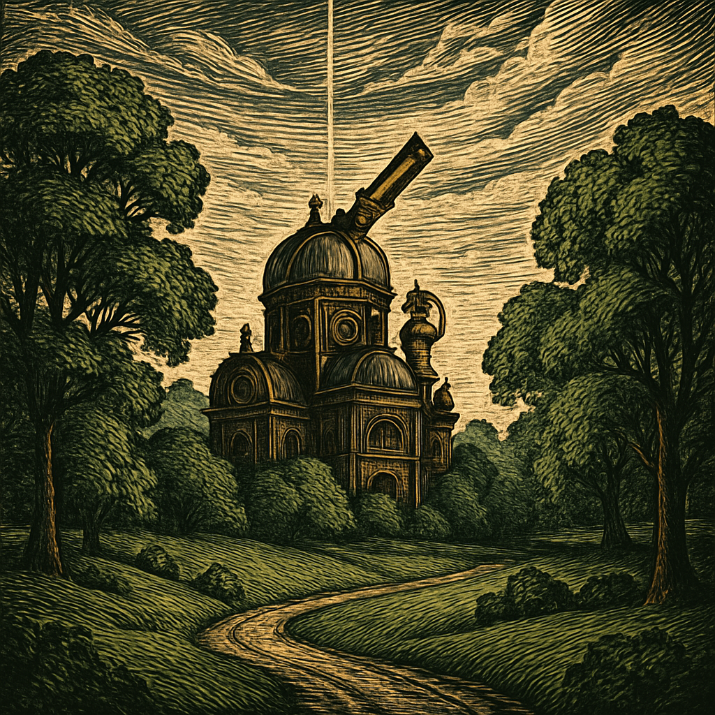 A serene landscape featuring a lush green park with a grand observatory amid the trees, under a wide sky marking the meridian line.