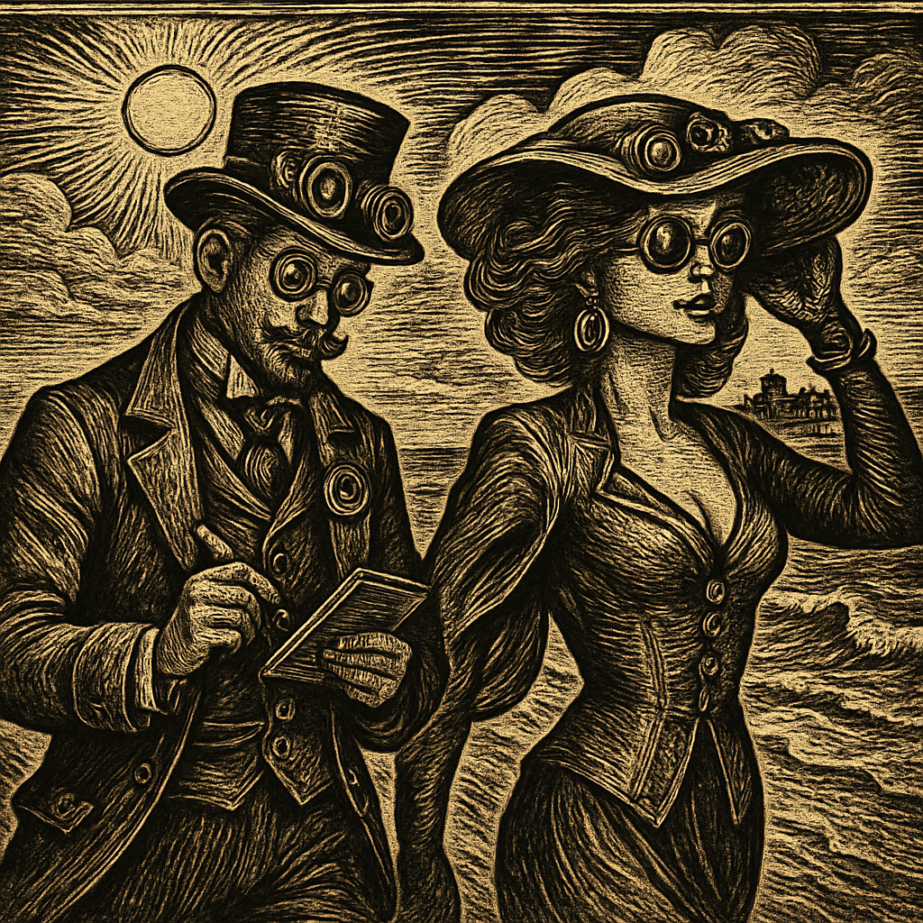 A lively coastal scene featuring two stylish figures, Pino with a notepad in hand and Marina exuding glamour, as they stroll along a sunlit beach with waves gently crashing in the background.