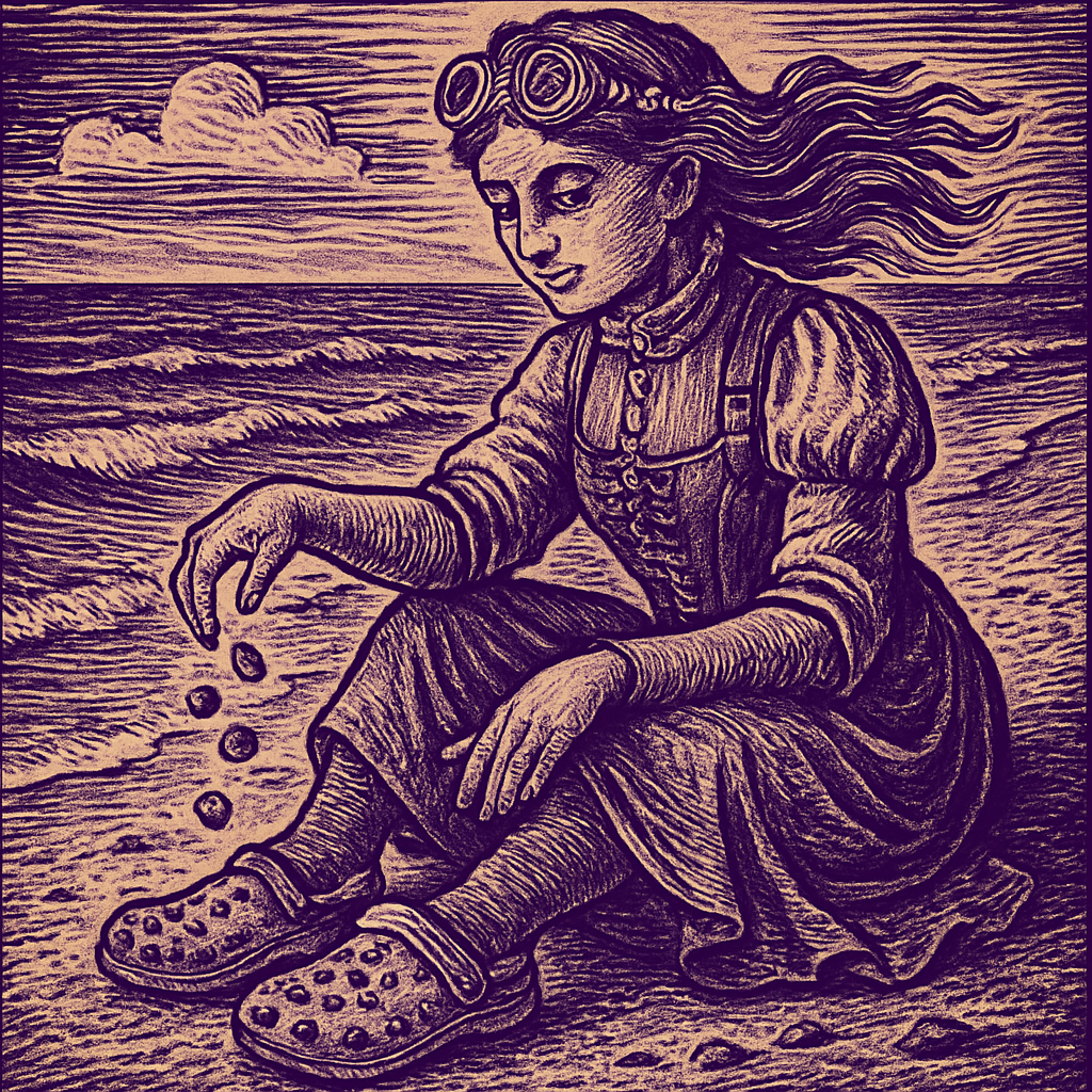 Elisabetta leisurely throws rocks into her vibrant crocs while seated on a serene beach, with gentle waves lapping at the shore and a gentle breeze ruffling her hair.