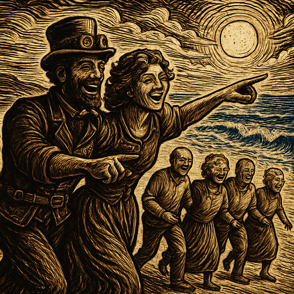 Dan and Elisabetta enthusiastically lead a group of elderly people along a sunlit beach, their faces beaming with joy as they point towards the sparkling blue waves.