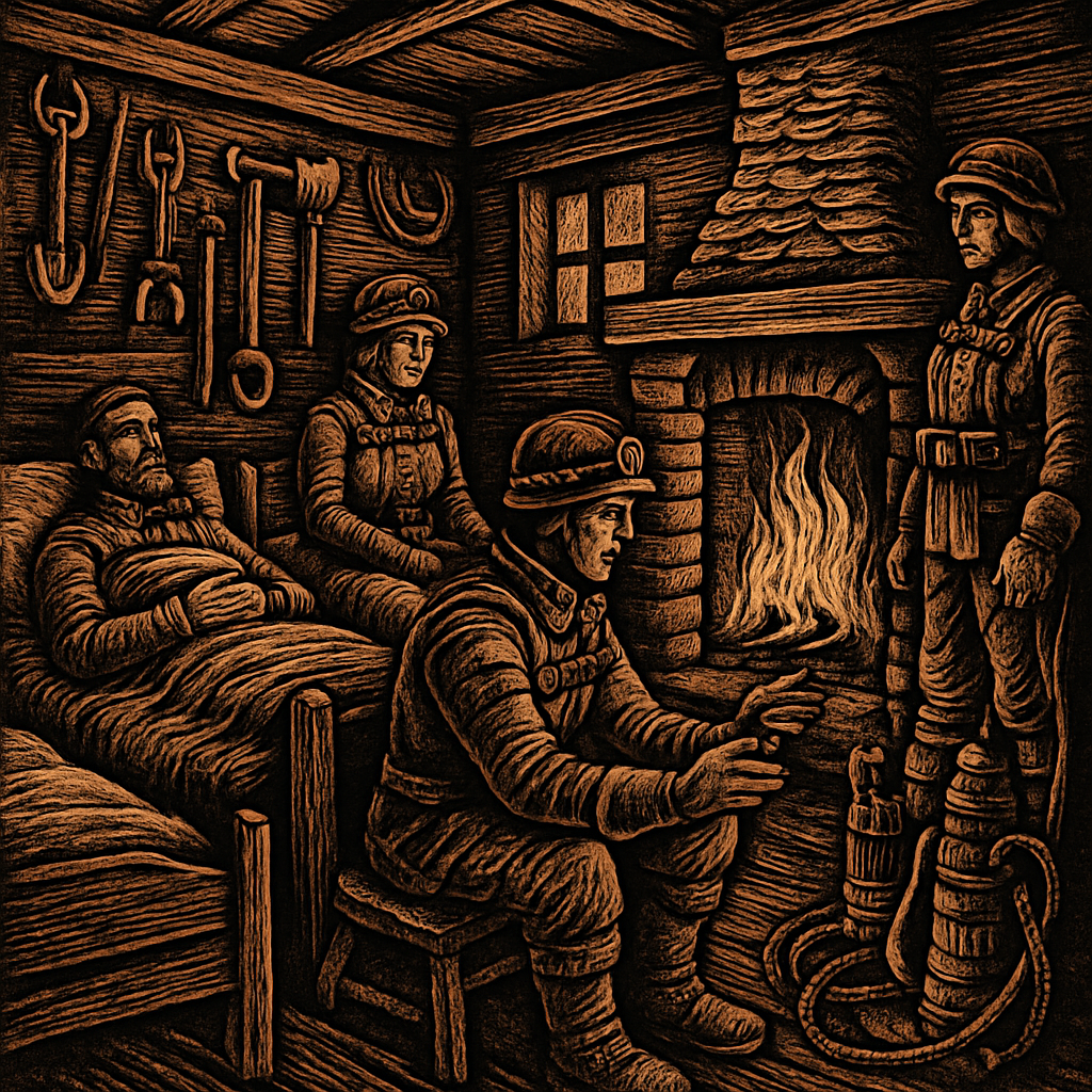 A cozy, rustic cabin interior with neatly made beds, warm blankets, and a welcoming fireplace, surrounded by tools and equipment for the drillers.