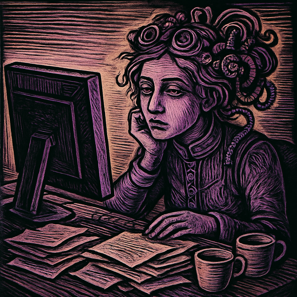 A person at a cluttered desk, gazing blankly at a computer screen while surrounded by papers and coffee cups, with a distant look in their eyes.