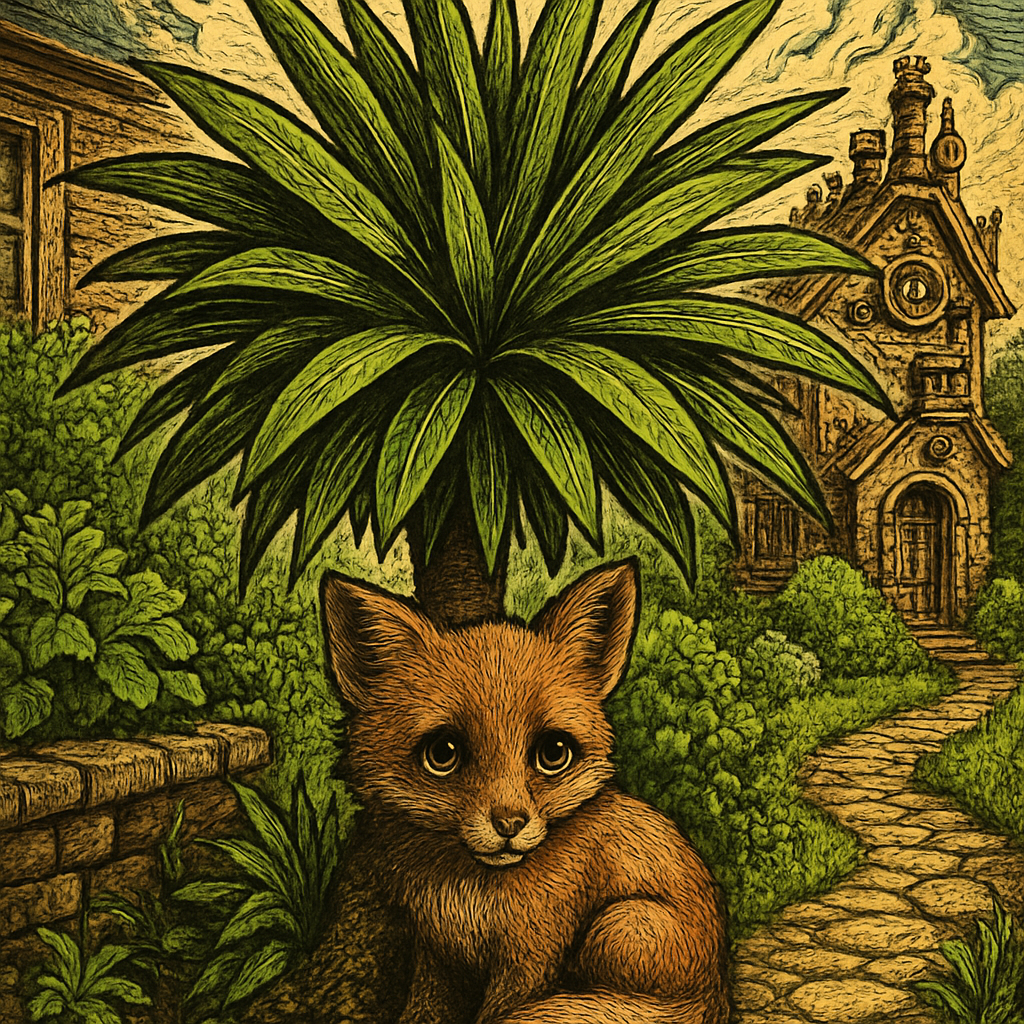 A small, forlorn fox with big eyes nestled under the vibrant green foliage of a cordyline plant in a bright front garden.