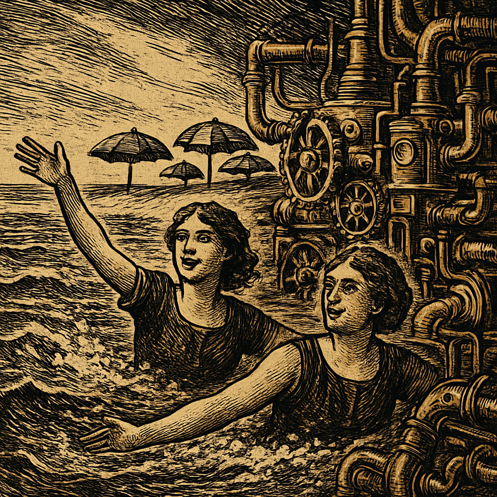Mary joyfully splashes in the sparkling waves of the sea, her arms outstretched as she swims alongside Elisabetta, with colorful beach umbrellas dotting the sandy shore behind them.