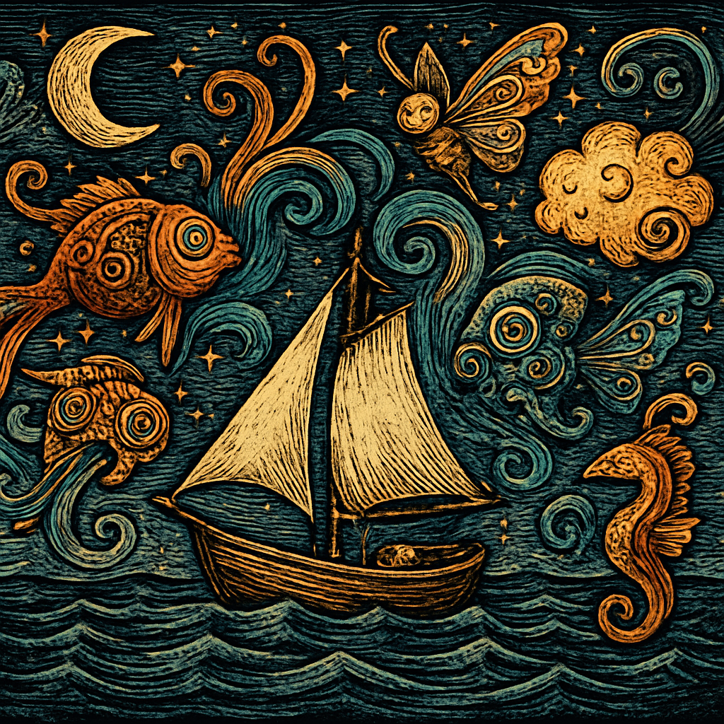 A small sailboat rocking gently on a vast, starry ocean, with whimsical, colorful dream-like creatures swirling around it.