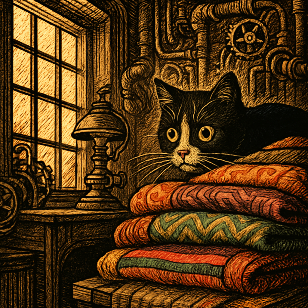 A sleek black and white cat with a distinct white spot near its nose peeks nervously from behind a stack of colorful blankets in a cozy corner of a sunlit room.