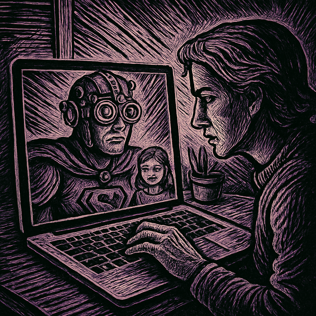 A person sitting at a desk, intently gazing at a laptop screen displaying the face of an animated character on a Zoom call.