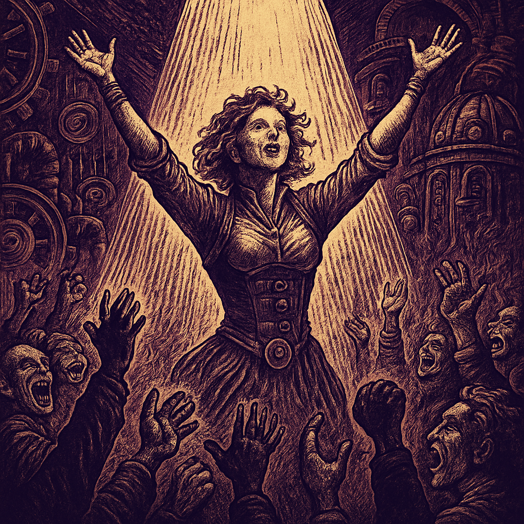 Elisabetta stands center stage, drenched in golden spotlight, arms raised triumphantly as a roaring crowd erupts in wild applause and cheers.