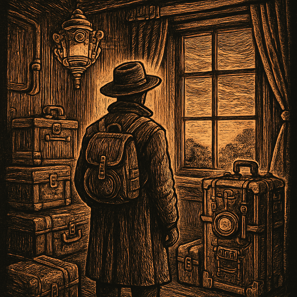 A traveler stands in a softly glowing room, surrounded by neatly packed suitcases and a cozy atmosphere, as twilight filters through the window.